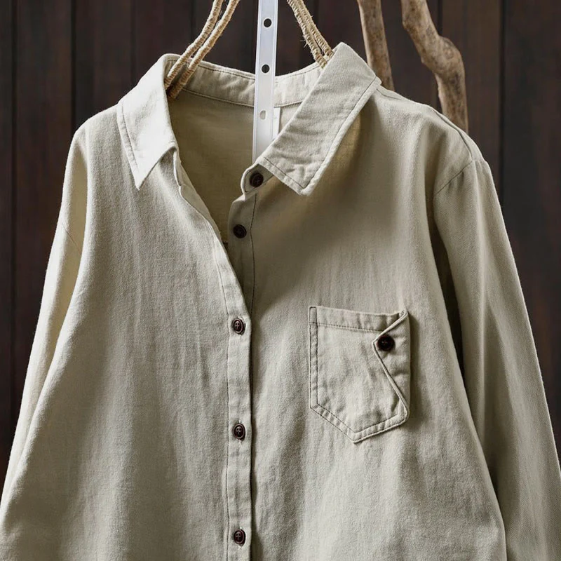 Camicia da donna in cotone a maniche lunghe con colletto rialzato, motivo Buddha Stones Fall Button Down Pocket Decor Design - Image 16