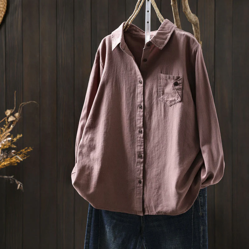 Camicia da donna in cotone a maniche lunghe con colletto rialzato, motivo Buddha Stones Fall Button Down Pocket Decor Design - Image 17