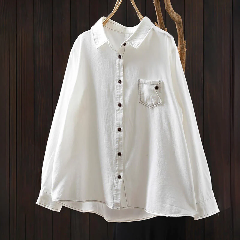 Camicia da donna in cotone a maniche lunghe con colletto rialzato, motivo Buddha Stones Fall Button Down Pocket Decor Design - Image 2
