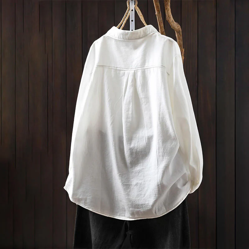 Camicia da donna in cotone a maniche lunghe con colletto rialzato, motivo Buddha Stones Fall Button Down Pocket Decor Design - Image 3