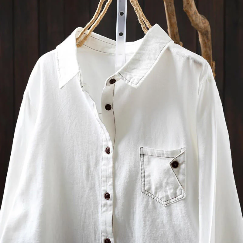 Camicia da donna in cotone a maniche lunghe con colletto rialzato, motivo Buddha Stones Fall Button Down Pocket Decor Design - Image 4