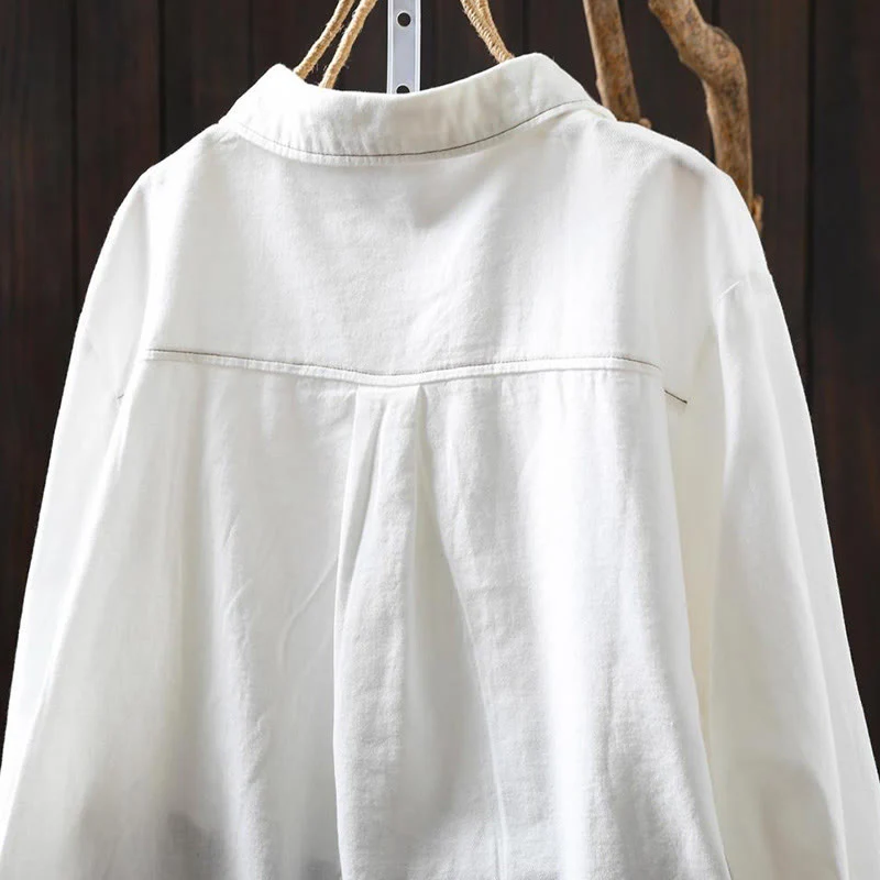 Camicia da donna in cotone a maniche lunghe con colletto rialzato, motivo Buddha Stones Fall Button Down Pocket Decor Design - Image 5