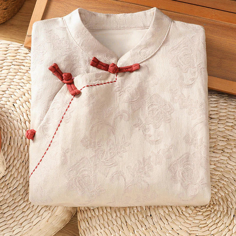 Camicia da donna in cotone a maniche lunghe con colletto rialzato, stampa floreale jacquard autunnale Buddha Stones con bottoni a rana - Image 19