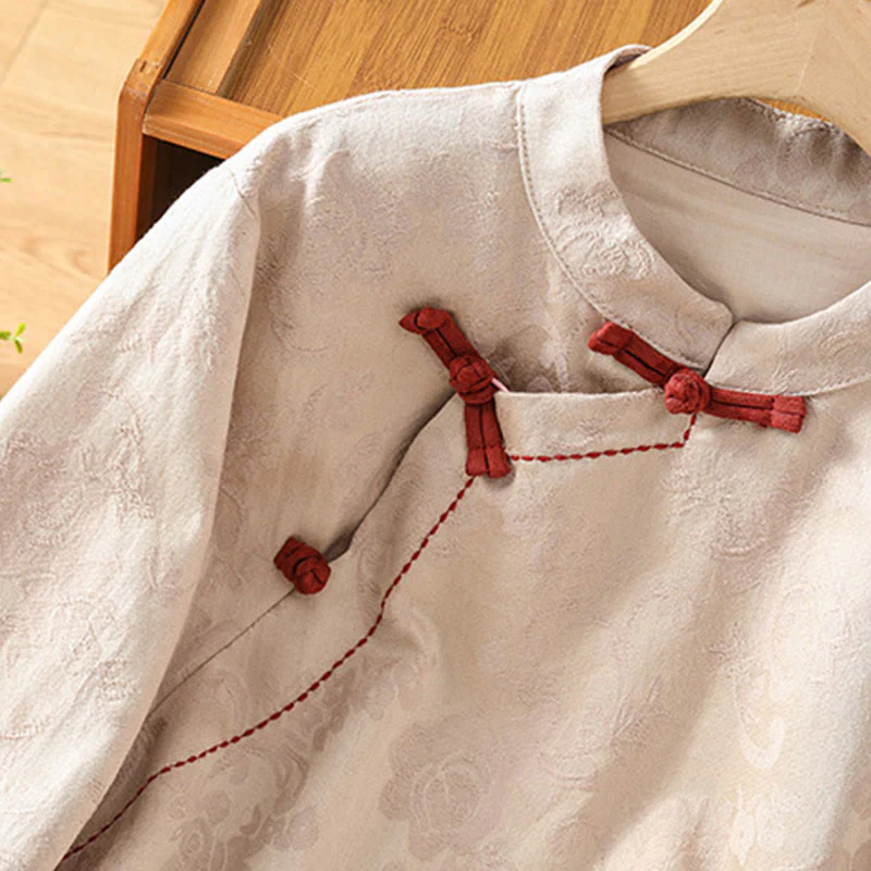 Camicia da donna in cotone a maniche lunghe con colletto rialzato, stampa floreale jacquard autunnale Buddha Stones con bottoni a rana - Image 22