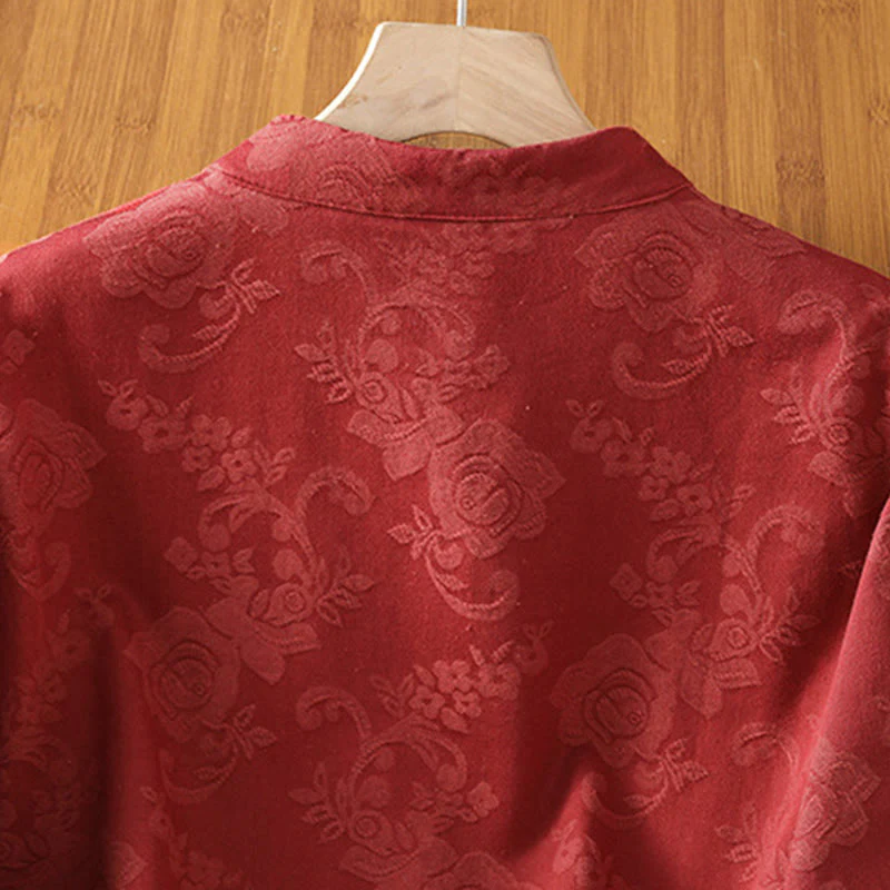 Camicia da donna in cotone a maniche lunghe con colletto rialzato, stampa floreale jacquard autunnale Buddha Stones con bottoni a rana - Image 4
