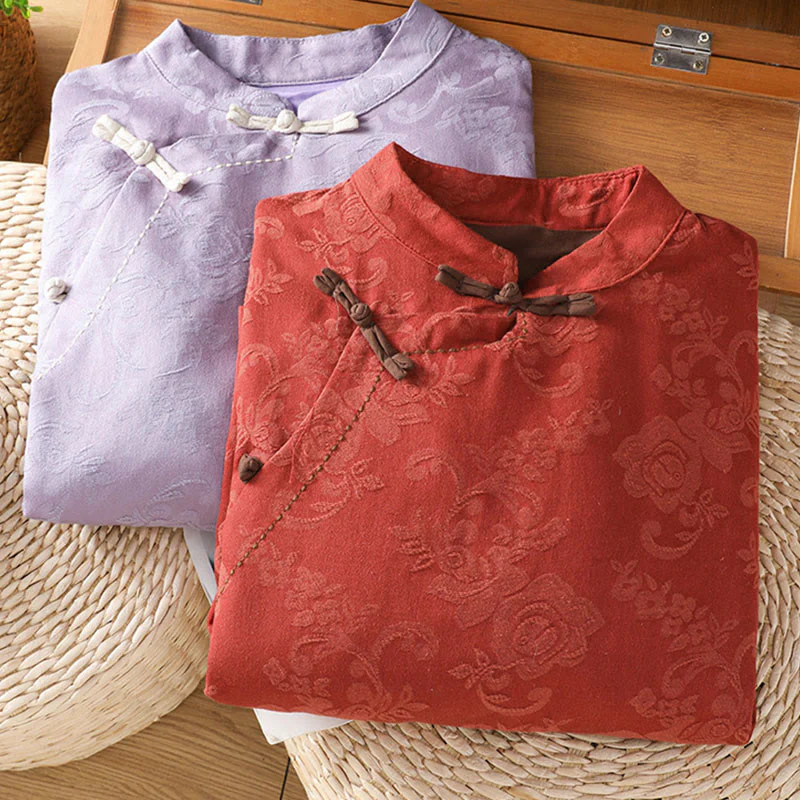 Camicia da donna in cotone a maniche lunghe con colletto rialzato, stampa floreale jacquard autunnale Buddha Stones con bottoni a rana - Image 8