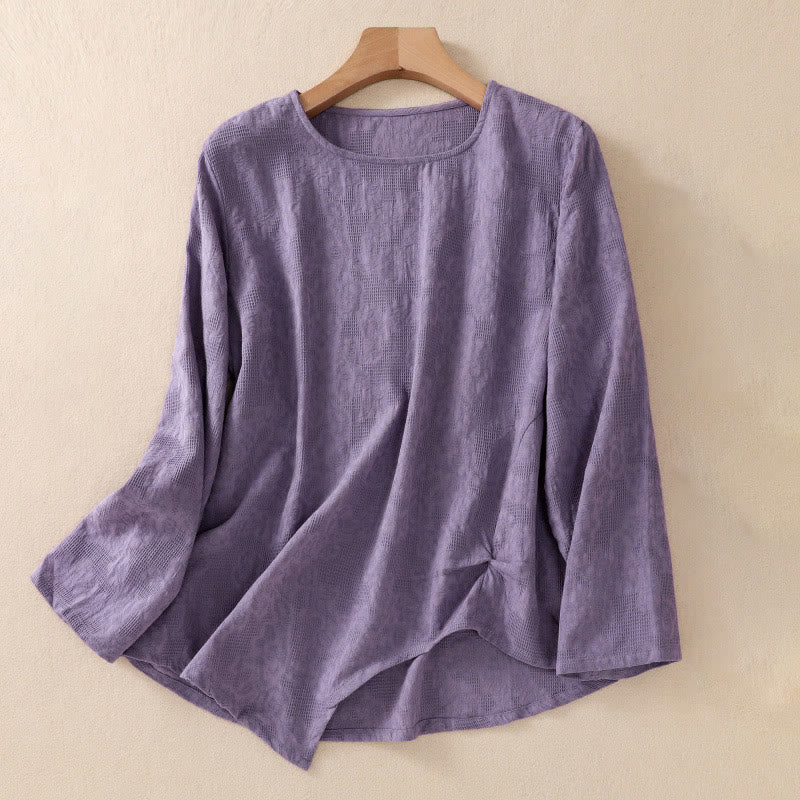 Camicia da donna in cotone a maniche lunghe con motivo a pieghe e orlo irregolare in jacquard Buddha Stones