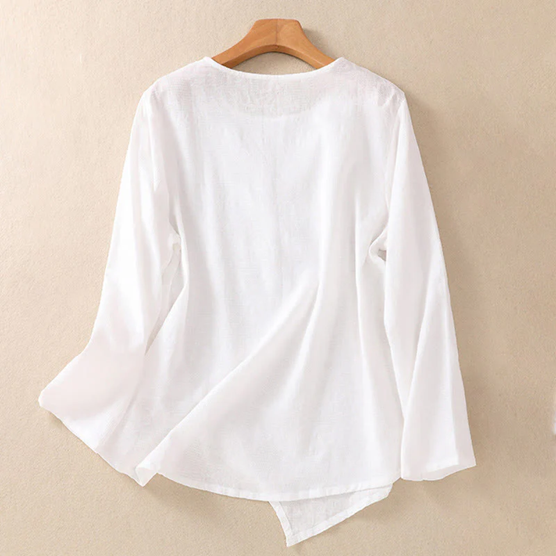 Camicia da donna in cotone a maniche lunghe con motivo a pieghe e orlo irregolare in jacquard Buddha Stones - Image 10