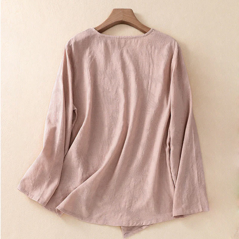 Camicia da donna in cotone a maniche lunghe con motivo a pieghe e orlo irregolare in jacquard Buddha Stones - Image 18
