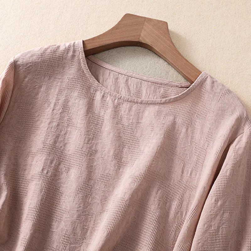 Camicia da donna in cotone a maniche lunghe con motivo a pieghe e orlo irregolare in jacquard Buddha Stones - Image 19
