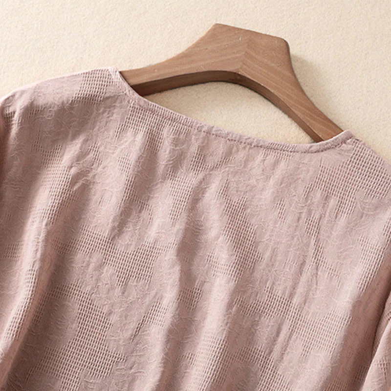 Camicia da donna in cotone a maniche lunghe con motivo a pieghe e orlo irregolare in jacquard Buddha Stones - Image 20