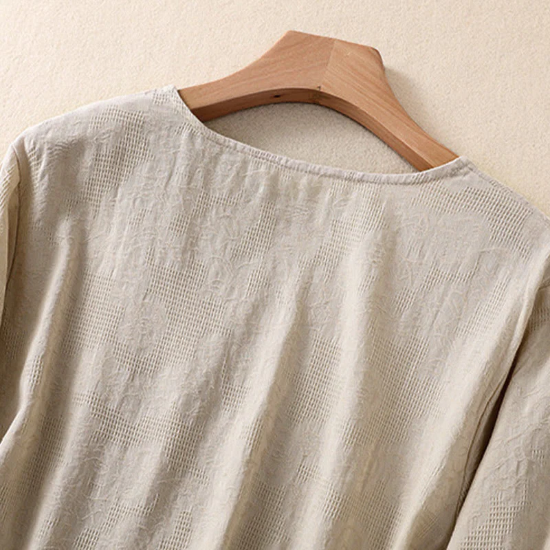 Camicia da donna in cotone a maniche lunghe con motivo a pieghe e orlo irregolare in jacquard Buddha Stones - Image 29