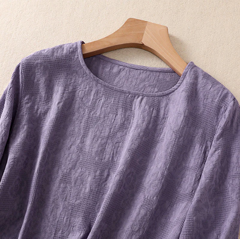 Camicia da donna in cotone a maniche lunghe con motivo a pieghe e orlo irregolare in jacquard Buddha Stones - Image 3