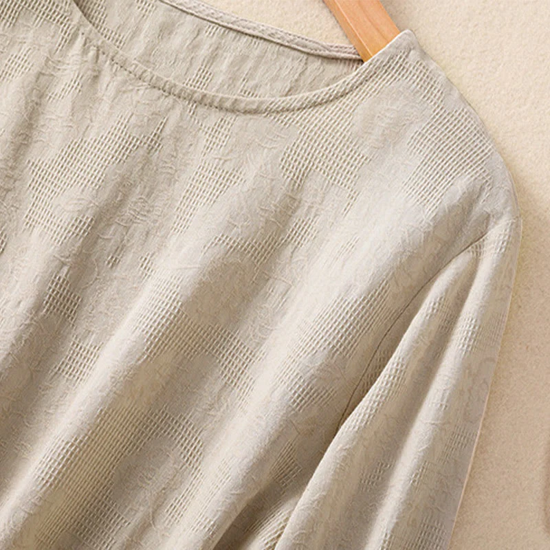 Camicia da donna in cotone a maniche lunghe con motivo a pieghe e orlo irregolare in jacquard Buddha Stones - Image 30