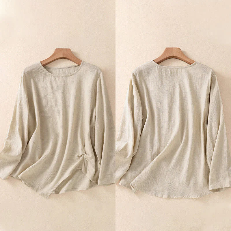 Camicia da donna in cotone a maniche lunghe con motivo a pieghe e orlo irregolare in jacquard Buddha Stones - Image 33