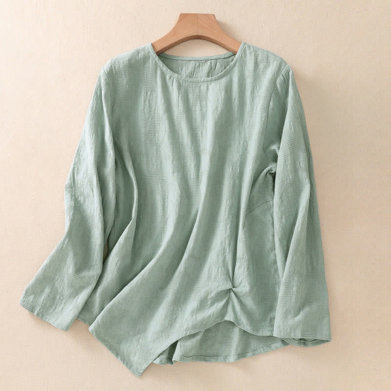 Camicia da donna in cotone a maniche lunghe con motivo a pieghe e orlo irregolare in jacquard Buddha Stones - Image 34