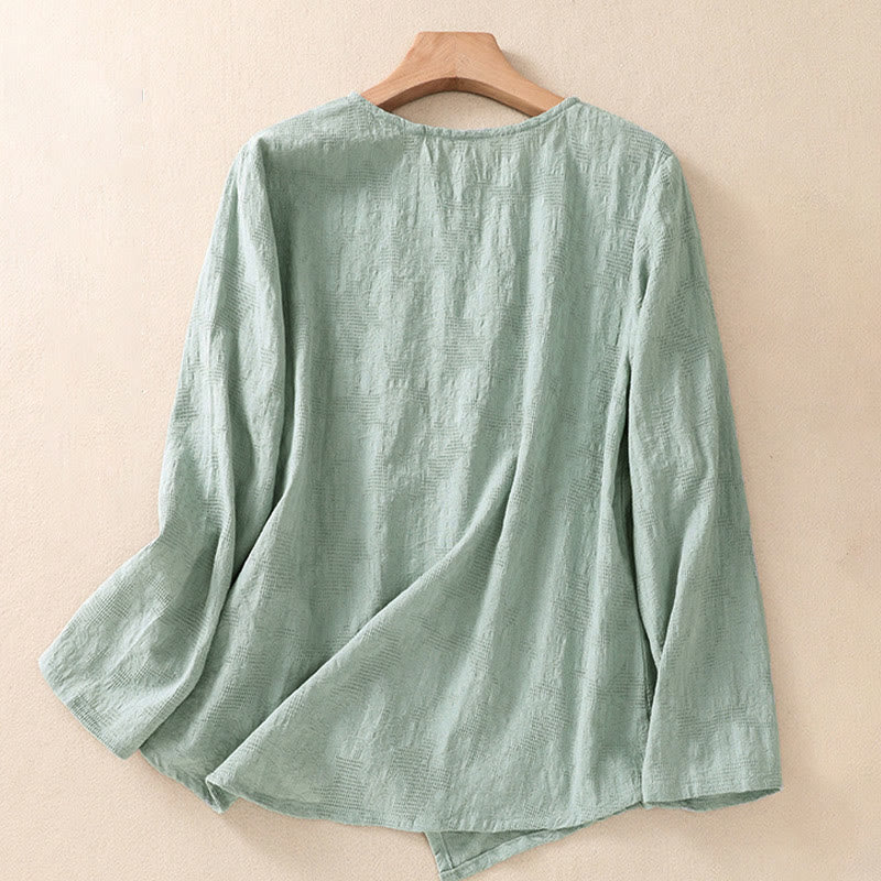 Camicia da donna in cotone a maniche lunghe con motivo a pieghe e orlo irregolare in jacquard Buddha Stones - Image 35