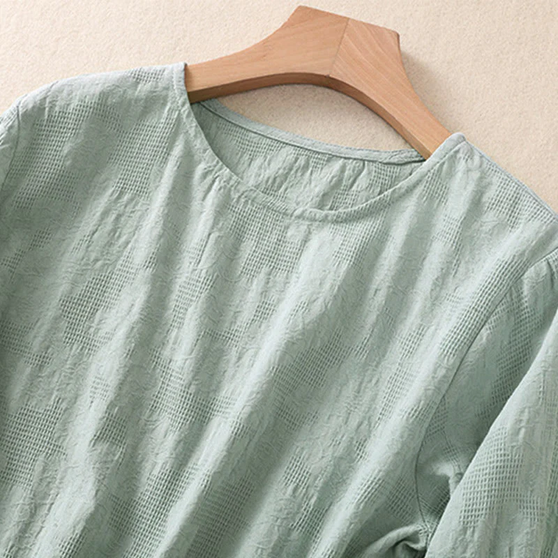 Camicia da donna in cotone a maniche lunghe con motivo a pieghe e orlo irregolare in jacquard Buddha Stones - Image 36