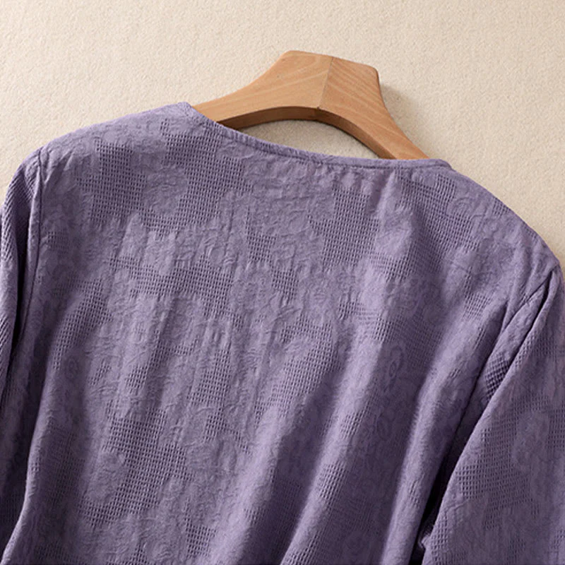 Camicia da donna in cotone a maniche lunghe con motivo a pieghe e orlo irregolare in jacquard Buddha Stones - Image 4