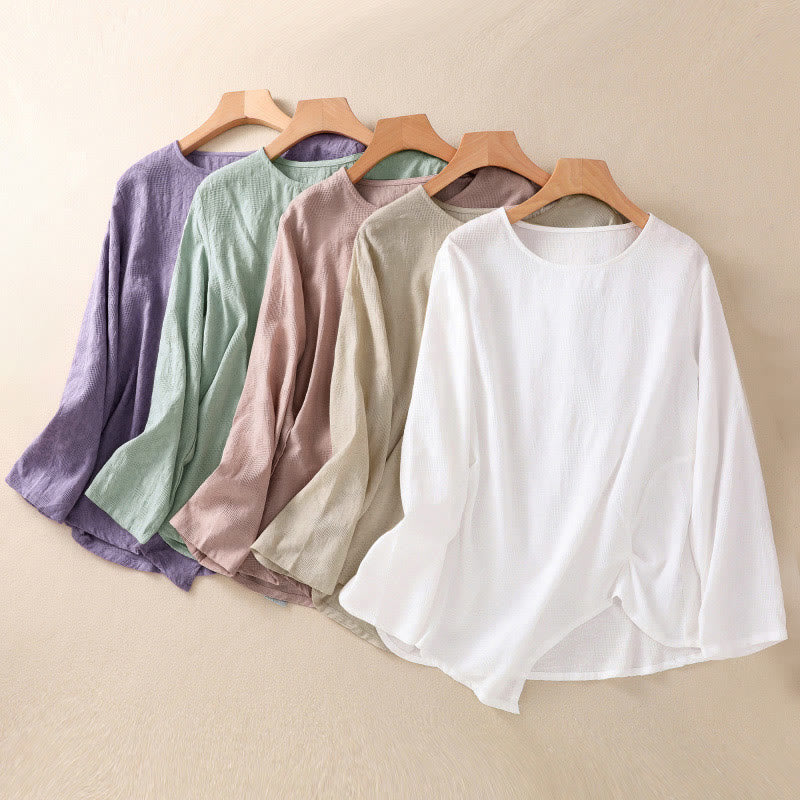 Camicia da donna in cotone a maniche lunghe con motivo a pieghe e orlo irregolare in jacquard Buddha Stones - Image 41