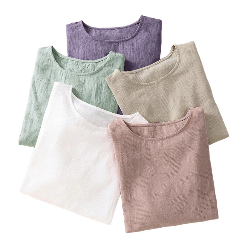 Camicia da donna in cotone a maniche lunghe con motivo a pieghe e orlo irregolare in jacquard Buddha Stones - Image 44