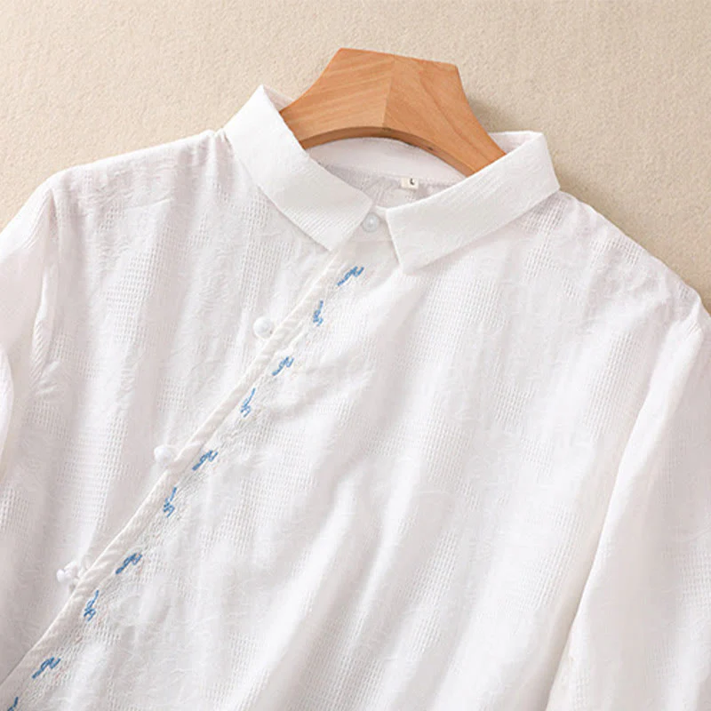 Camicia da donna in cotone a maniche lunghe con ricamo autunnale Buddha Stones, design asimmetrico, bottoni a rana - Image 10