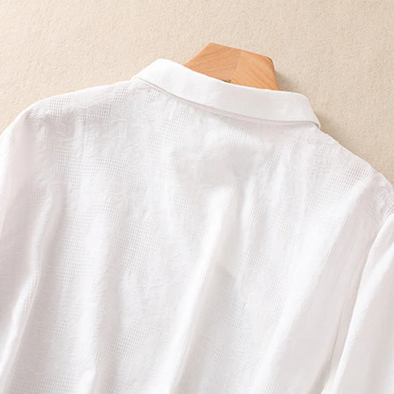 Camicia da donna in cotone a maniche lunghe con ricamo autunnale Buddha Stones, design asimmetrico, bottoni a rana - Image 11