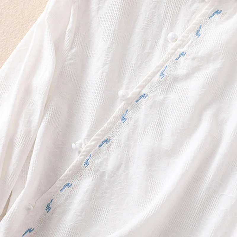 Camicia da donna in cotone a maniche lunghe con ricamo autunnale Buddha Stones, design asimmetrico, bottoni a rana - Image 12