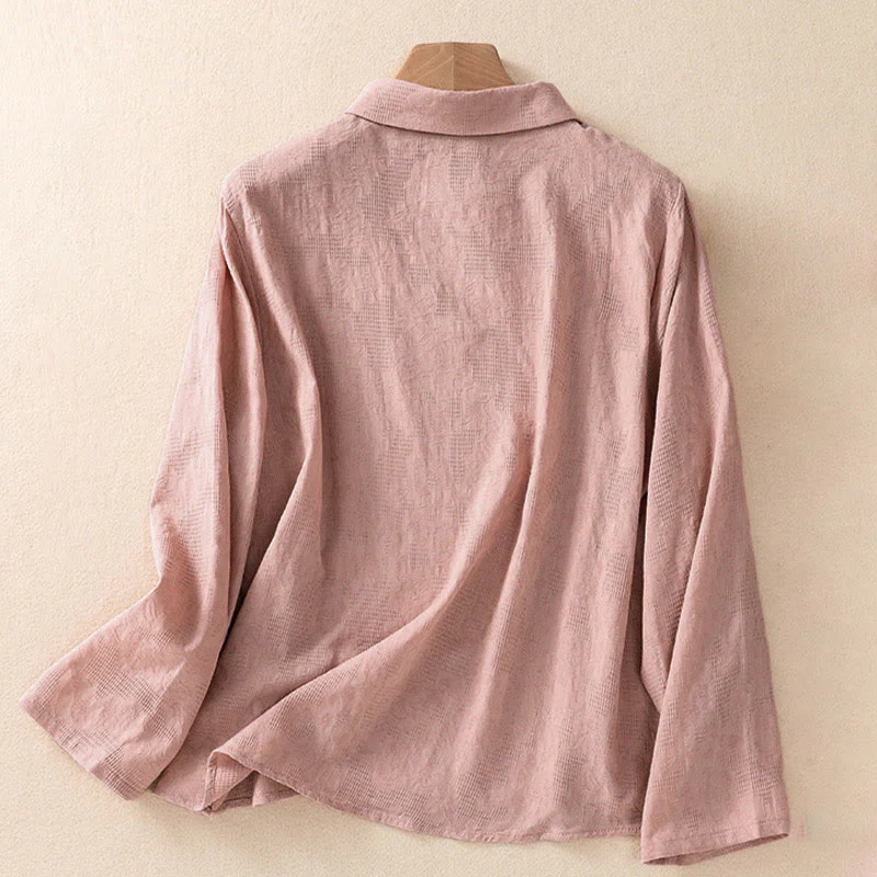 Camicia da donna in cotone a maniche lunghe con ricamo autunnale Buddha Stones, design asimmetrico, bottoni a rana - Image 16