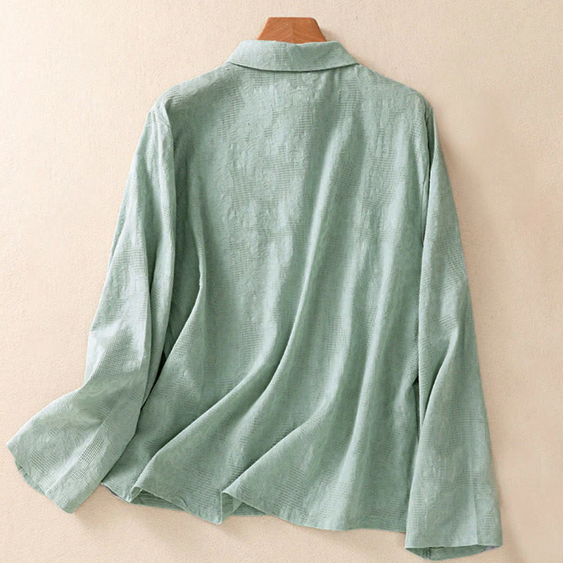 Camicia da donna in cotone a maniche lunghe con ricamo autunnale Buddha Stones, design asimmetrico, bottoni a rana - Image 2