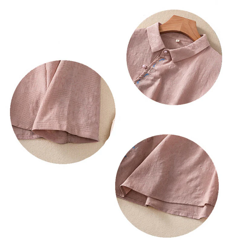 Camicia da donna in cotone a maniche lunghe con ricamo autunnale Buddha Stones, design asimmetrico, bottoni a rana - Image 24
