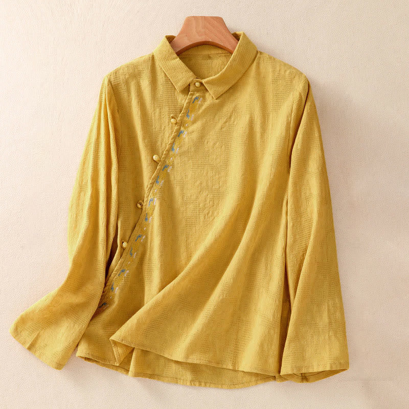 Camicia da donna in cotone a maniche lunghe con ricamo autunnale Buddha Stones, design asimmetrico, bottoni a rana - Image 25