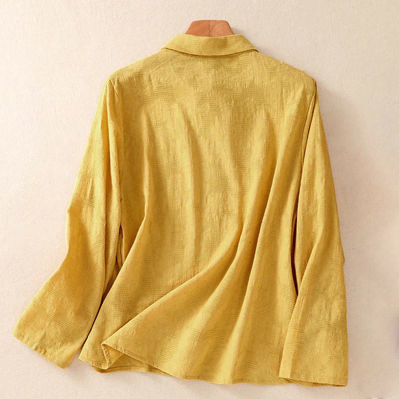 Camicia da donna in cotone a maniche lunghe con ricamo autunnale Buddha Stones, design asimmetrico, bottoni a rana - Image 26