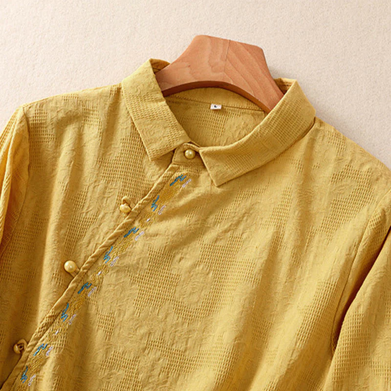 Camicia da donna in cotone a maniche lunghe con ricamo autunnale Buddha Stones, design asimmetrico, bottoni a rana - Image 27