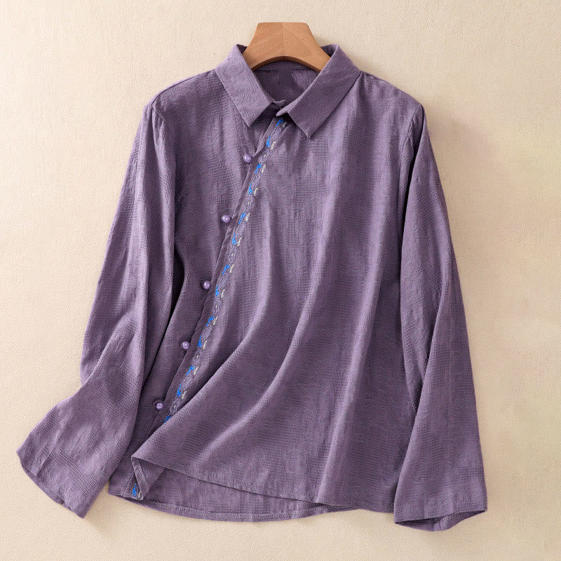 Camicia da donna in cotone a maniche lunghe con ricamo autunnale Buddha Stones, design asimmetrico, bottoni a rana - Image 32