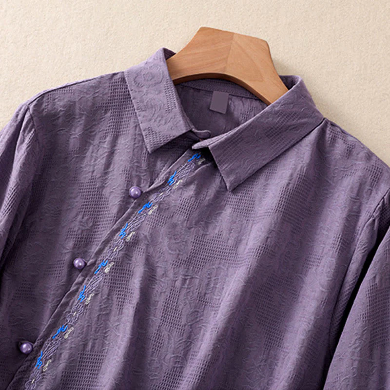 Camicia da donna in cotone a maniche lunghe con ricamo autunnale Buddha Stones, design asimmetrico, bottoni a rana - Image 34