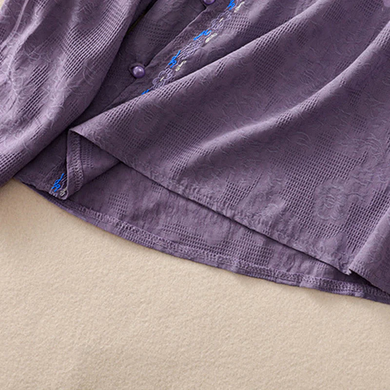Camicia da donna in cotone a maniche lunghe con ricamo autunnale Buddha Stones, design asimmetrico, bottoni a rana - Image 37