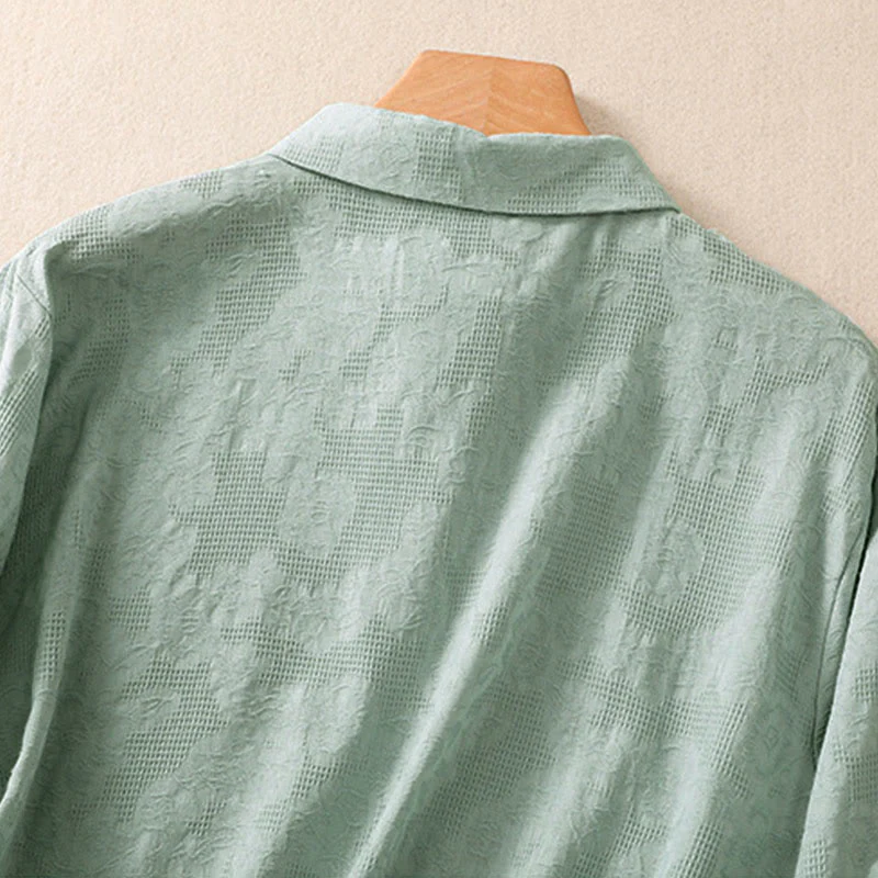 Camicia da donna in cotone a maniche lunghe con ricamo autunnale Buddha Stones, design asimmetrico, bottoni a rana - Image 4