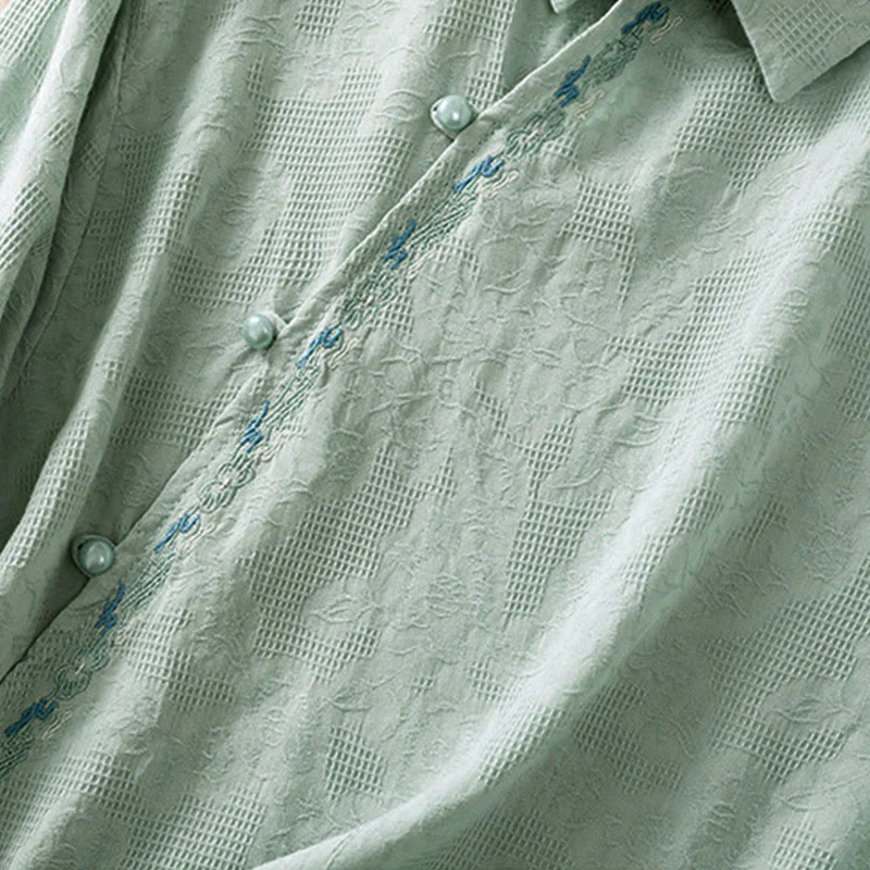 Camicia da donna in cotone a maniche lunghe con ricamo autunnale Buddha Stones, design asimmetrico, bottoni a rana - Image 5