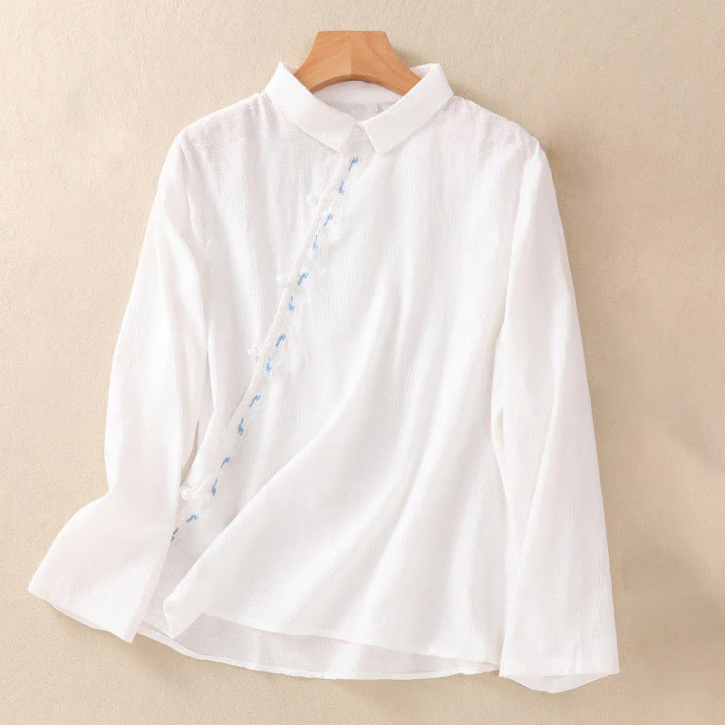 Camicia da donna in cotone a maniche lunghe con ricamo autunnale Buddha Stones, design asimmetrico, bottoni a rana - Image 8
