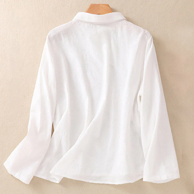 Camicia da donna in cotone a maniche lunghe con ricamo autunnale Buddha Stones, design asimmetrico, bottoni a rana - Image 9