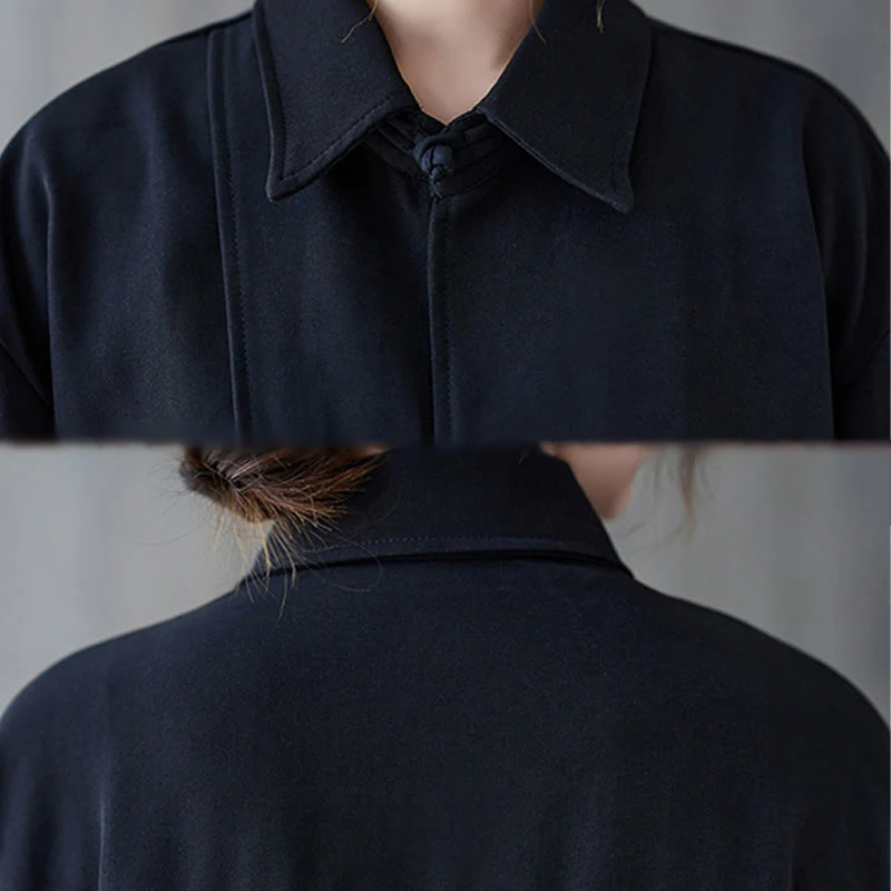 Camicia da donna in cotone a maniche lunghe con risvolto e bottoni a rana, tinta unita, Buddha Stones, nera - Image 11