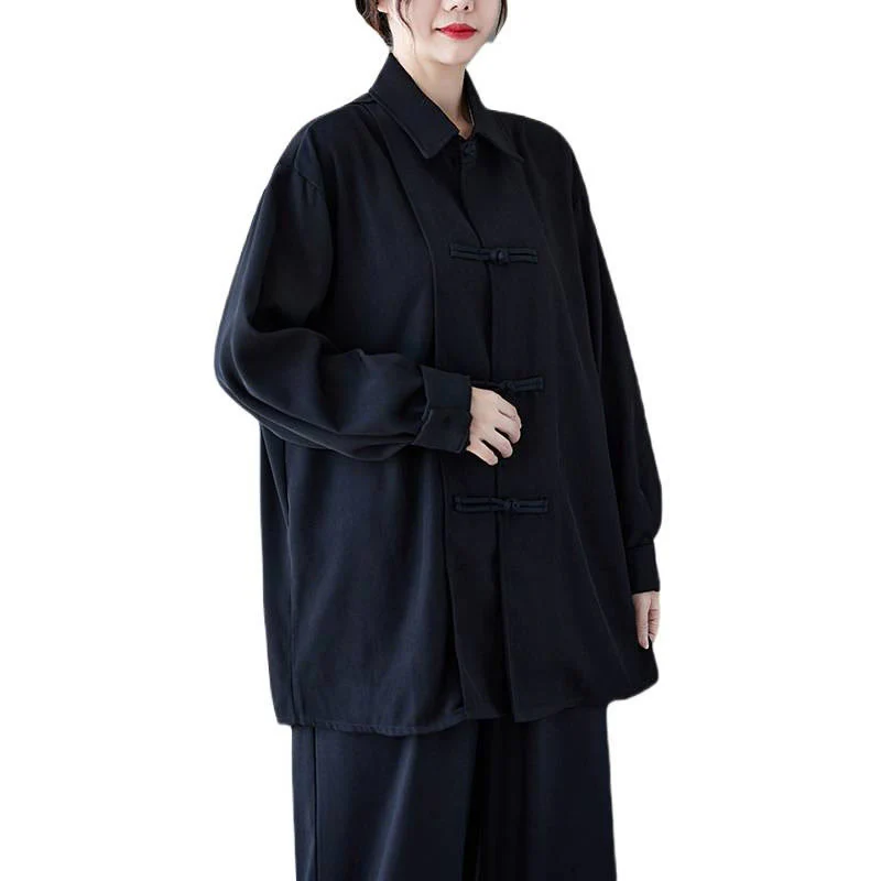 Camicia da donna in cotone a maniche lunghe con risvolto e bottoni a rana, tinta unita, Buddha Stones, nera - Image 8