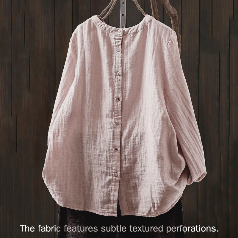 Camicia da donna in cotone a maniche lunghe con scollo rotondo e bottoni sul retro, motivo Buddha Stones Fall - Image 2