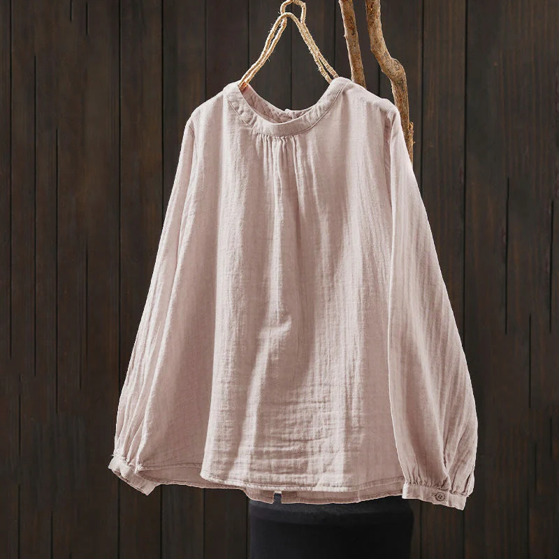 Camicia da donna in cotone a maniche lunghe con scollo rotondo e bottoni sul retro, motivo Buddha Stones Fall - Image 3