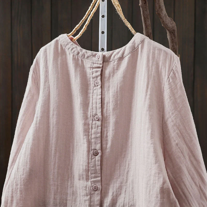 Camicia da donna in cotone a maniche lunghe con scollo rotondo e bottoni sul retro, motivo Buddha Stones Fall - Image 6