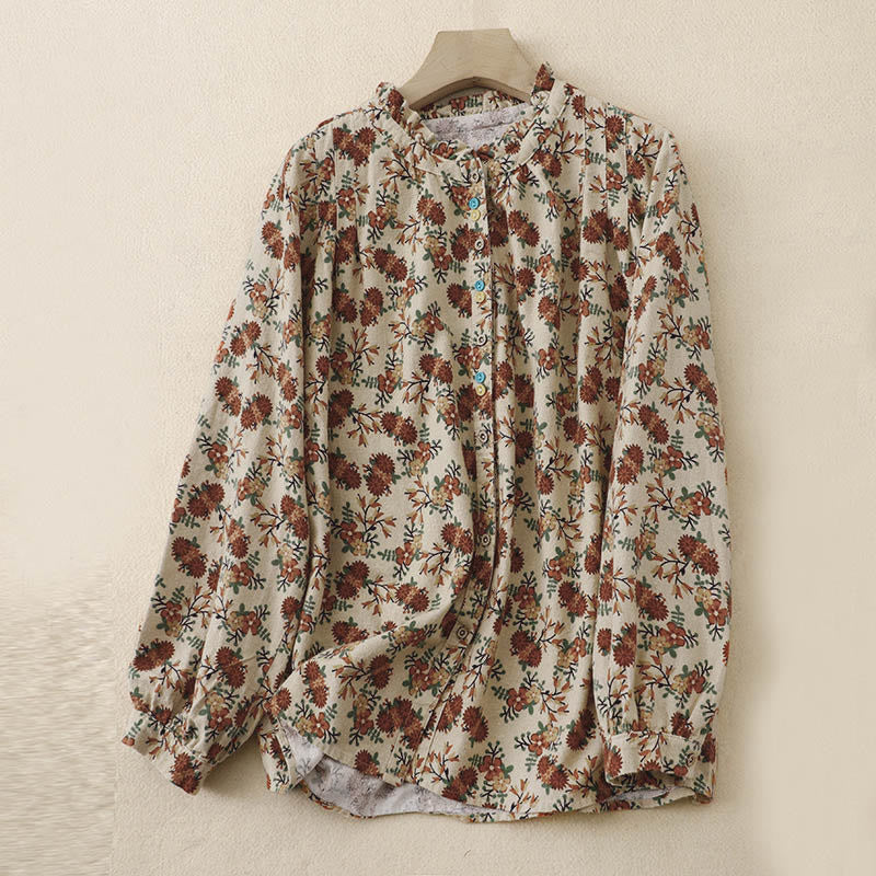 Camicia da donna in cotone a maniche lunghe con stampa floreale autunnale Buddha Stones e bottoni