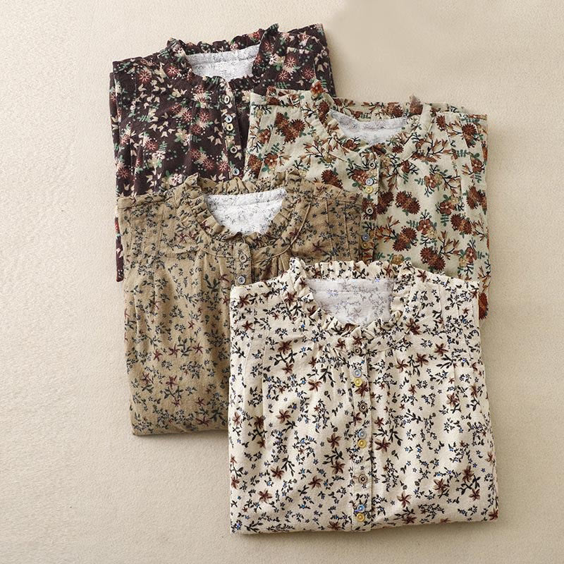 Camicia da donna in cotone a maniche lunghe con stampa floreale autunnale Buddha Stones e bottoni - Image 30