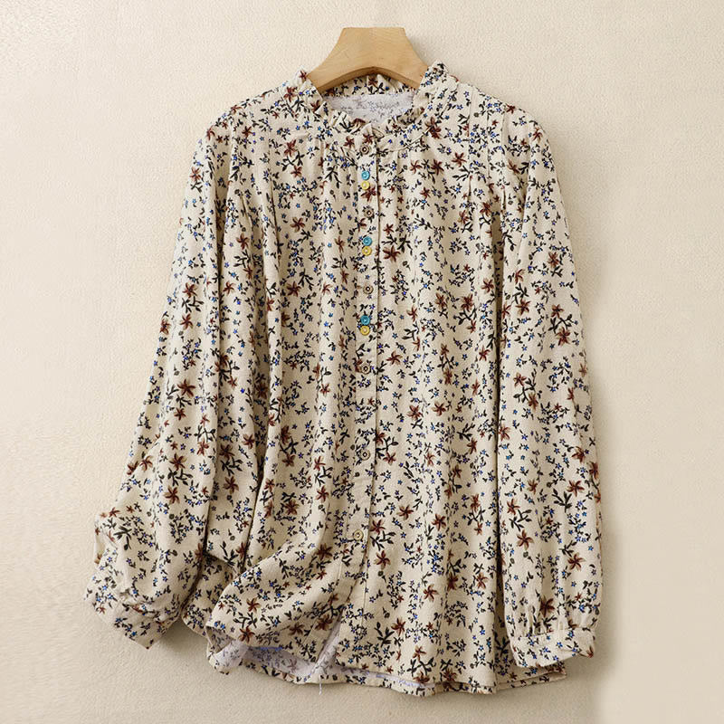 Camicia da donna in cotone a maniche lunghe con stampa floreale autunnale Buddha Stones e bottoni - Image 8