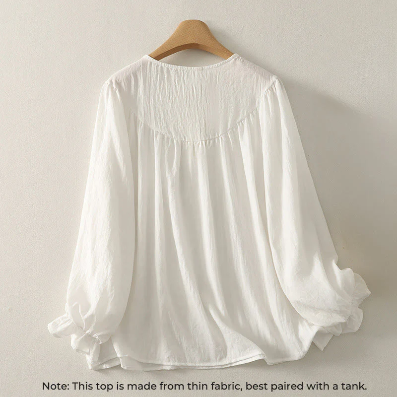 Camicia da donna in cotone a maniche lunghe con volant e bottoni bianchi Buddha Stones - Image 2